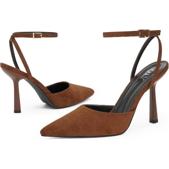 Women Brown Suede Pumps Stiletto Wedding Dress Closed Toe Ankle Strap Heel Shoes - Picture 2 of 7